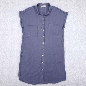 Nyland Shirt Tunic Dress Sz L Blue Crinkle Button Up Collared Sleeveless Casual